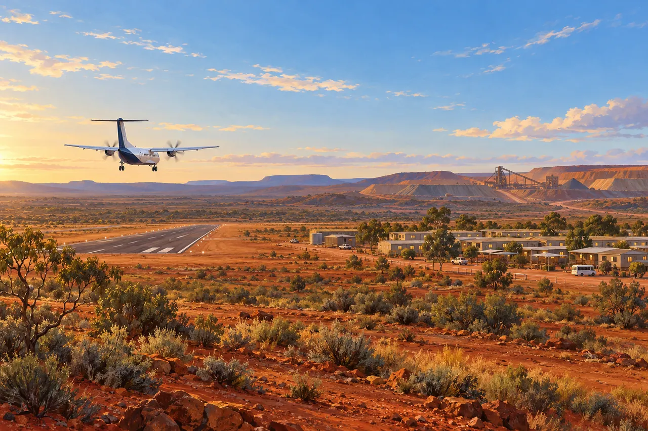 Illustration of a regional aircraft approaching a fictional remote airstrip near a village and mine.