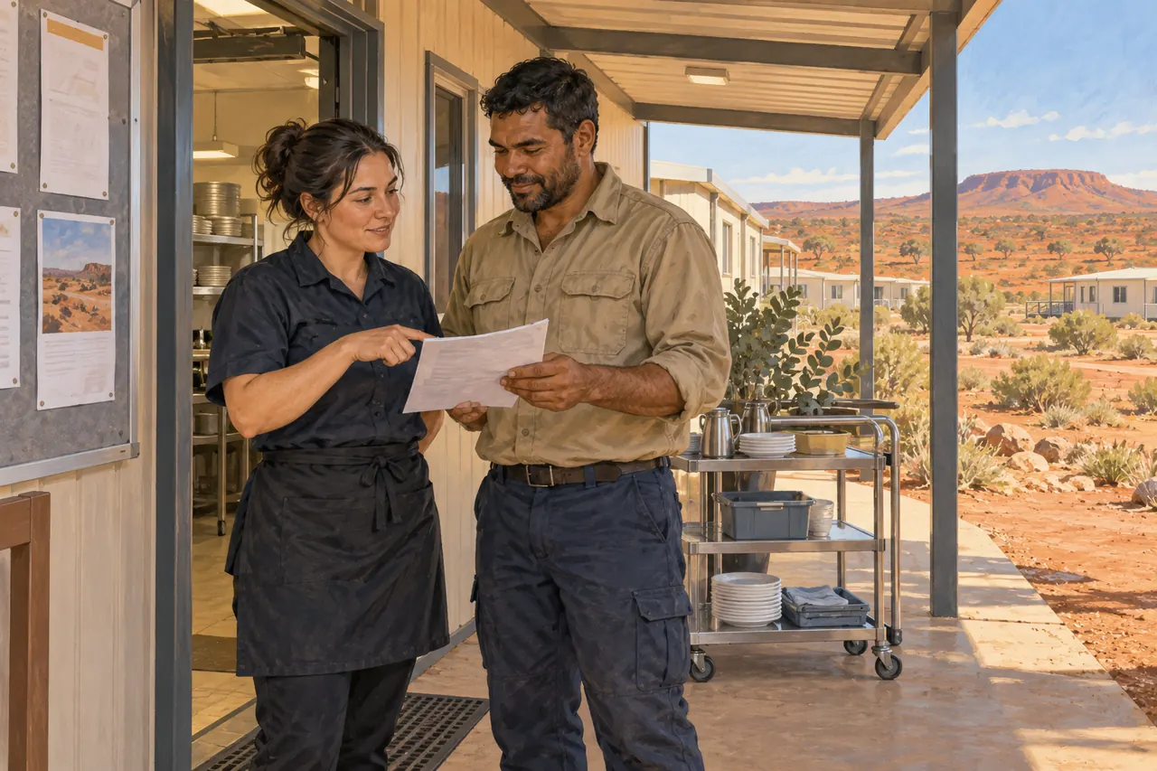 Illustration of two fictional camp colleagues reviewing a work notice outside a kitchen.