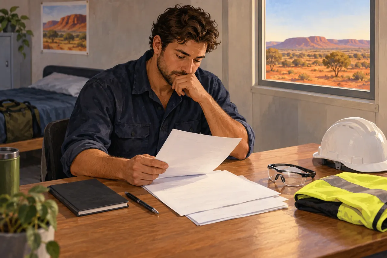 Illustration of a fictional worker reviewing blank course papers beside an unbranded helmet and safety glasses.